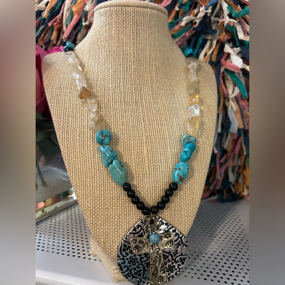 Handmade statement metal cross beaded semi precious natural stone necklace